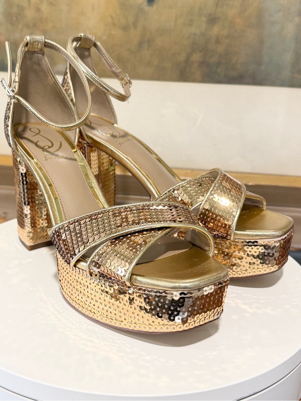 🌸SAM EDELMAN🌸 Jullian2 Platform Amber Gold Sequin Sandal Size: 6.5 - Picture 7 of 11